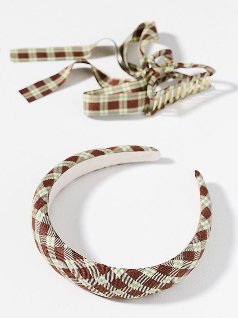 Anthropologie Plaid Padded Headband & Bow Clip Set - Brown & Cream